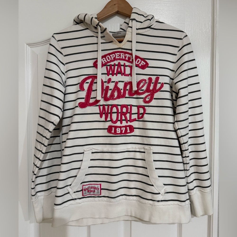 Disney White and Black Striped Hoodie with Red Logo